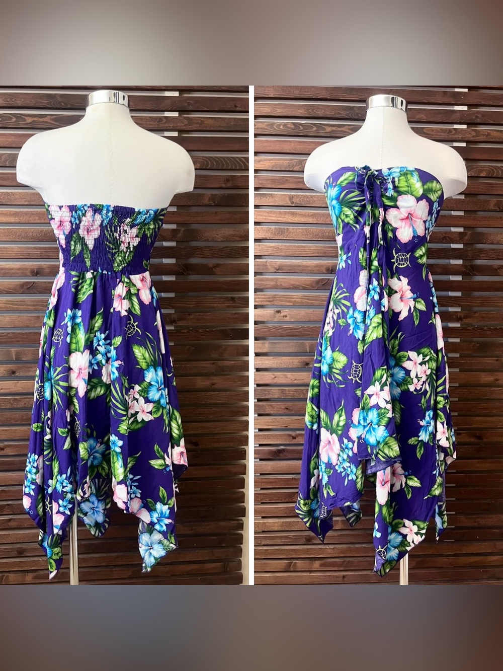 1990s 90s Vintage Purple Pink Floral Asymmetrical Handkerchief Strapless Dress S
